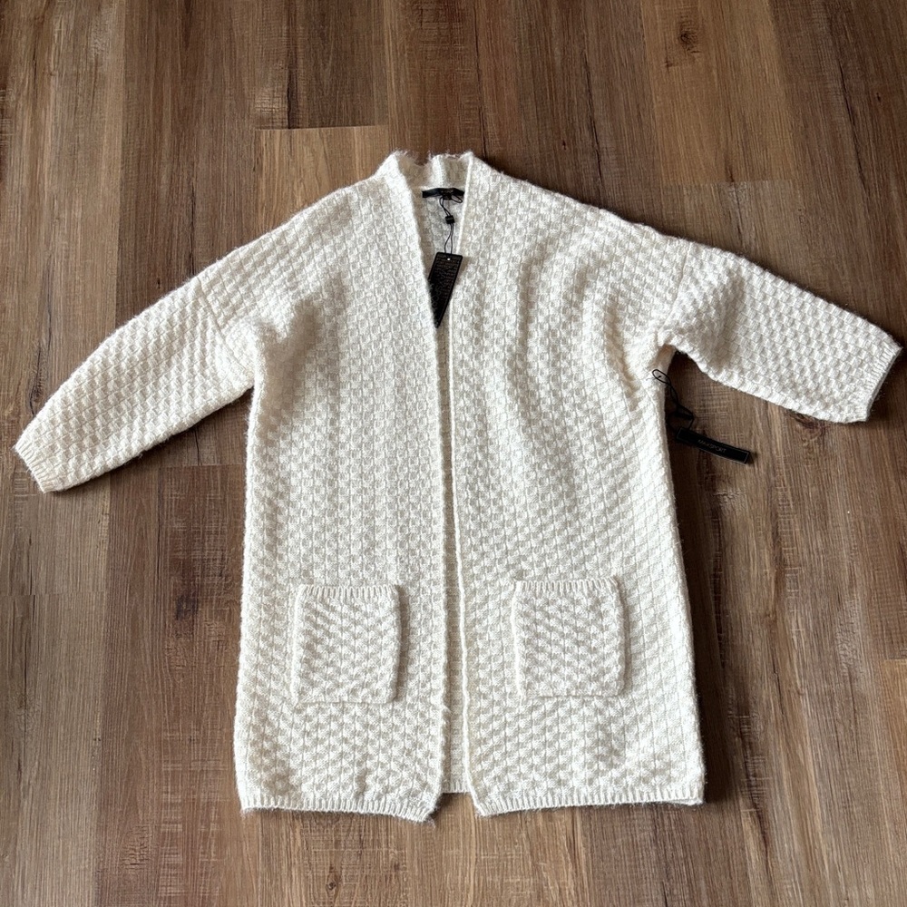 Cream Open-Front Knit Cardigan with Patch Pockets